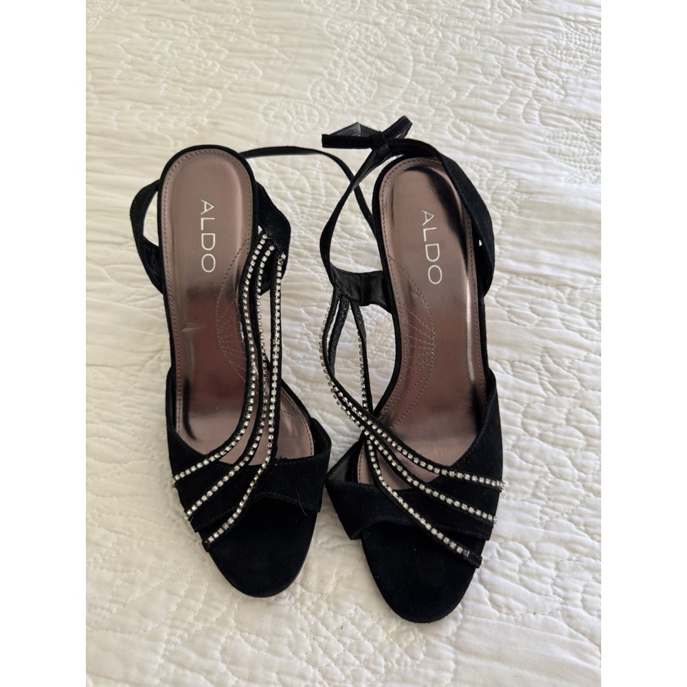 Aldo Black Suede Rhinestone Ankle Strap High Heel Sandal Size 39 (7.5)